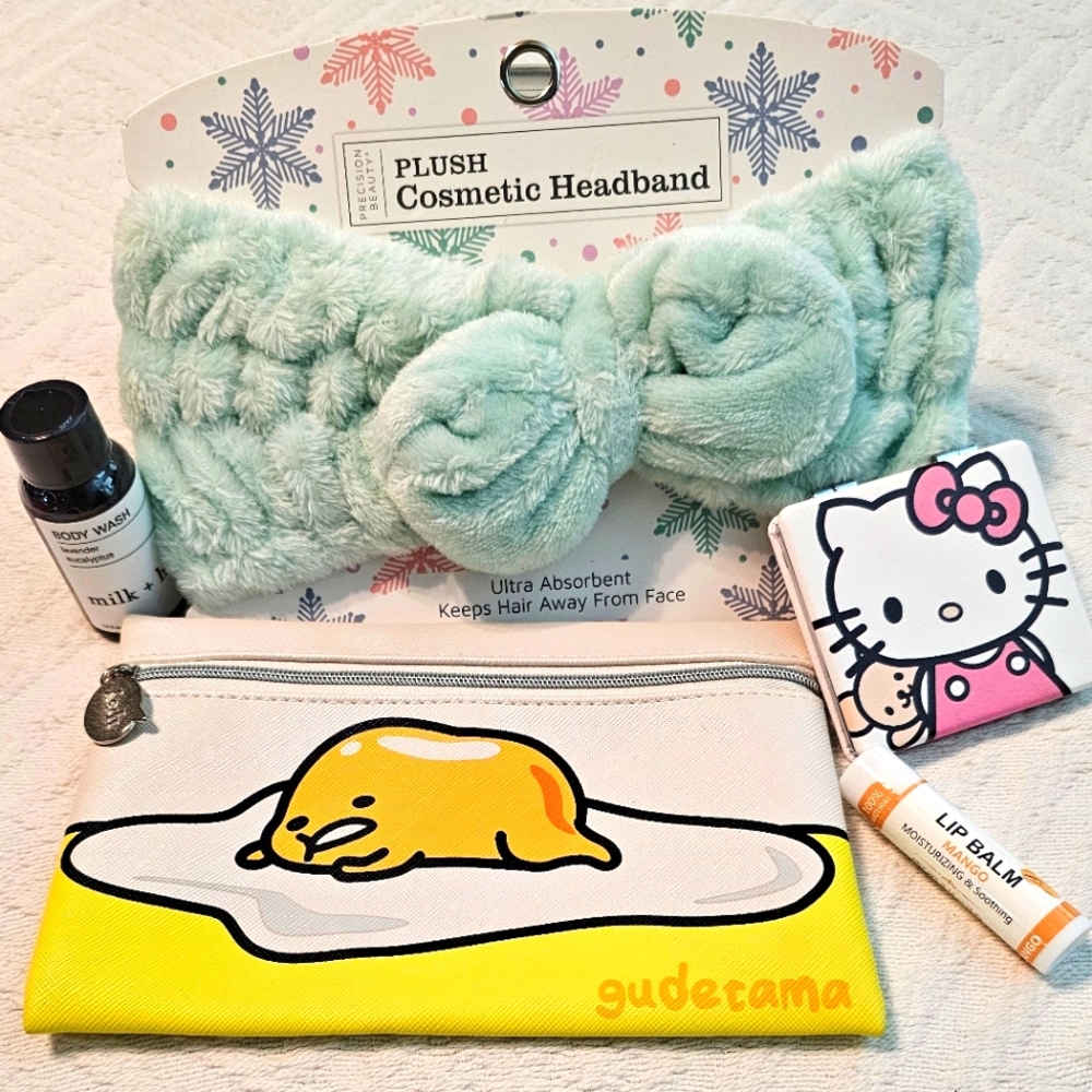 Sanrio Beauty Bundle Gudetama Makeup Bag Hello Kitty Mirror Headband & m…